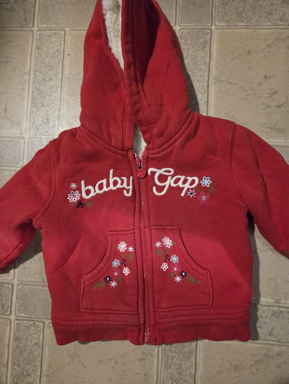 GAP Red Hooded Zip Sweatshirt with Floral Embroidery